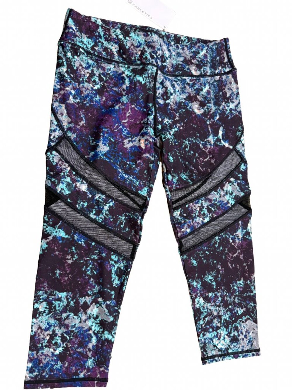 NWT Fabletics Alessia Capri Leggings Large Mesh Panels Teal Purple Marble Print